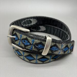 Vintage Croakies Woven Web Belt USA Made Blue Geometric Nylon Outdoor Size 32